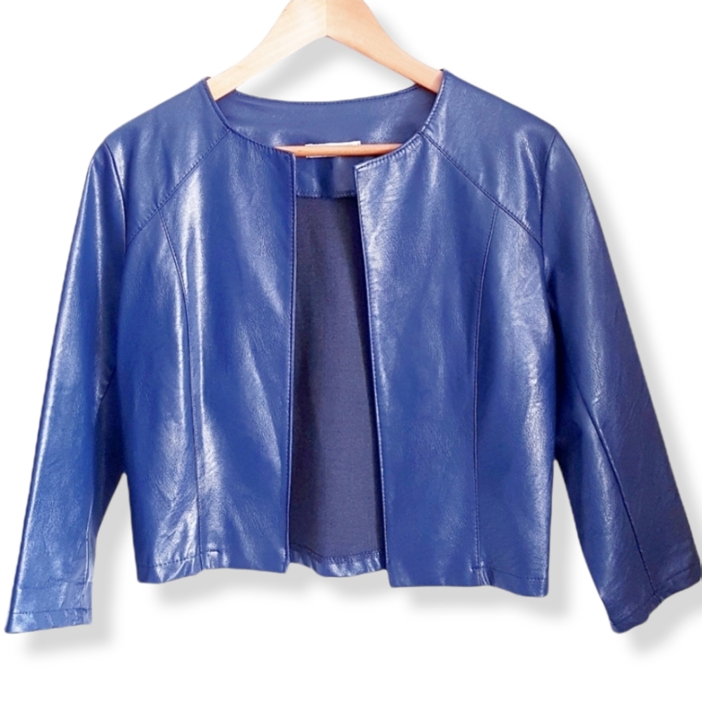 Faux Leather Collarless Blue Blazer